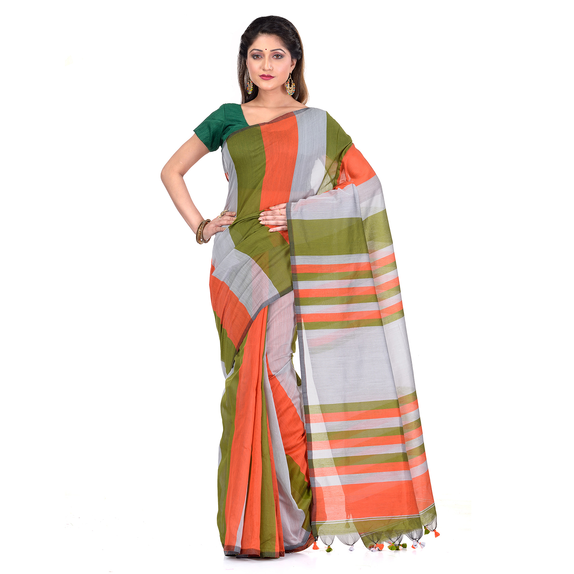 Khadi Ghicha Handloom Cotton Silk Saree With Blouse Piece (Orange Silver Green)